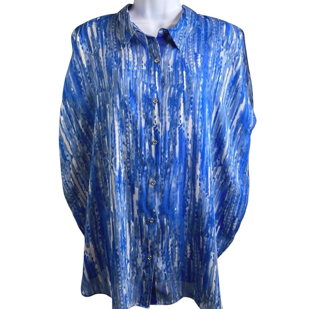 VTG 80s ANNE KLEIN Womens Blue Abstract Button Down Short Sleeve Blouse XL Chic